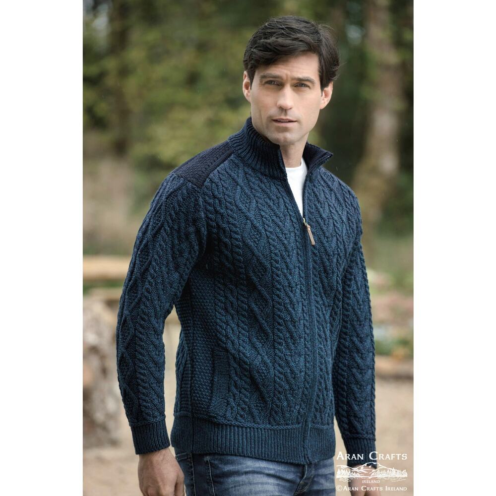 Aran Crafts Men's Irish Knit Shoulder Detail Zipped Cardigan 100% Merino Wool L